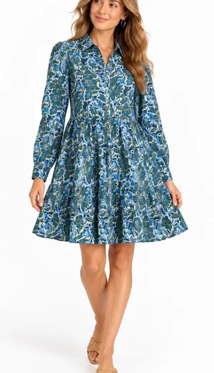 Ro's Garden Shirt Dress Womens Medium Blue Floral Tiered Mini Cotton thumbnail 1