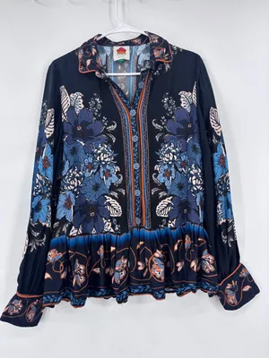 FARM Rio Navy Floral Button-Front Blouse with Blue & Cream Accents thumbnail 1