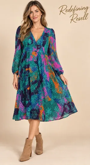 Fruch Paris Holy Camouflower Midi Dress XS Multi Color Floral Button Front NEW thumbnail 1