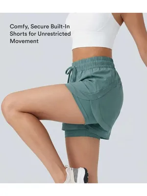 Halara Mid Rise Drawstring Contrast Mesh 2-in-1 Flowy Running Shorts 3'' Green S thumbnail 3