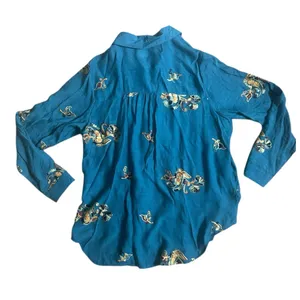 Fig and Flower Anthropologie Boho Floral Teal Shirt Embroidered Roll Tab thumbnail 3