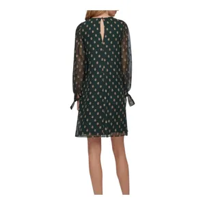 Calvin Klein Shift Dress Women 4 Green Gold Metallic Dot Long‎ Sleeve Tie Cuff thumbnail 2