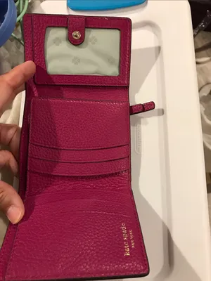 kate spade fuchsia pebbled leather bifold wallet with gold spade logo thumbnail 2