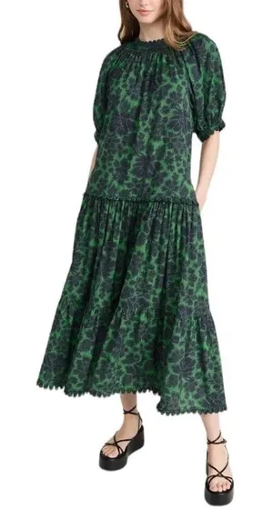 RHODE Aderyn Cotton Linen Tiered Maxi Dress Emerald Savoy Lace Green Black Large thumbnail 1