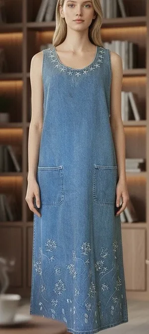 Denim Midi Dress VTG Embroidery Front Pockets Boho Western SZ M Carolina Bay thumbnail 1