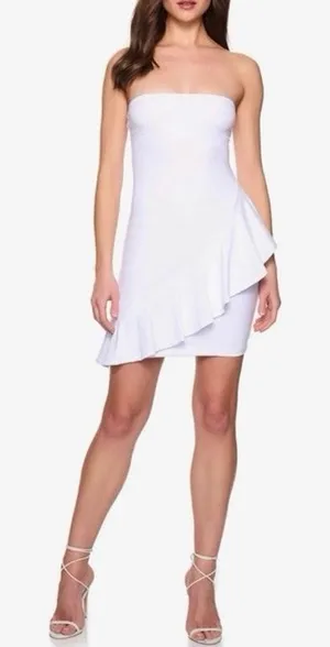 NWT Susana Monaco Sz S Solid White Asymmetrical Ruffled Strapless Mini Dress thumbnail 1