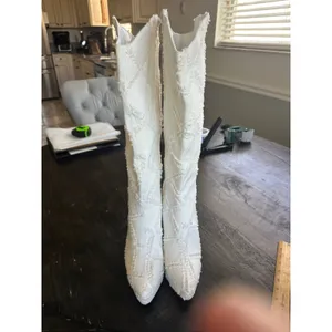 White Frayed Denim Quilted Platform Knee High Boots Pointed Toe Block Heel 8.5 thumbnail 9