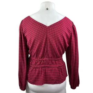 Madewell Red Long Sleeve Plaid Crinkle V Neck Tie Peplum Blouse Top Size XL thumbnail 2
