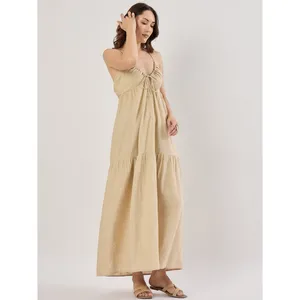 SIM & SAM Tan Linen Blend Tiered Maxi‎ Sundress Tie Front Spaghetti Straps Small thumbnail 4
