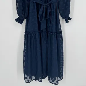 Moon River‎ Navy Polka Dot Midi Dress Small Sheer Long Sleeve Ruffle Tie Belt thumbnail 5