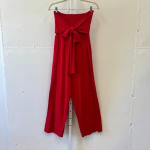 Venus Red Strapless Smocked Tie Front Wide Leg Jumpsuit Small Pockets Soft thumbnail 2