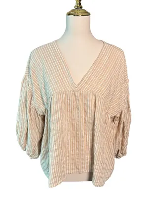 Wishlist Tan White Striped V-Neck Balloon Sleeve Babydoll Blouse Large thumbnail 1