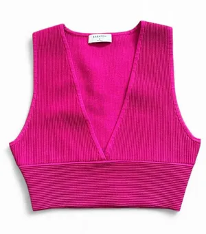 Aritzia Babaton Sculpt Knit Deep V Tank Cropped Ribbed Top Berry Pink Size Med thumbnail 1