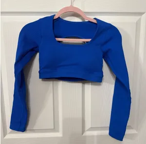 Royal Blue Cropped Long Sleeve Ribbed Workout Top, Small thumbnail 1