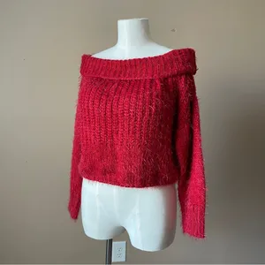 WISHFUL THINKING Red Chenille Eyelash Knit Chunky Off Shoulder Sweater - Sz S/M thumbnail 4