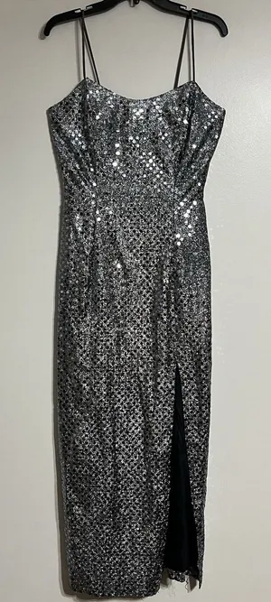Vintage 90s‎ Silver Sequin Maxi Dress Spaghetti Strap Side Slit Gown Size 10 USA thumbnail 1