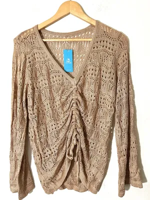 CUPSHE Open knit Beige Drawstring Crochet Beach Cover-Up Womens Top Sz Small thumbnail 2