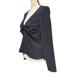 Abercrombie & Fitch Womens Black Twist Front V-Neck Long Sleeve Smocked Blouse L thumbnail 5