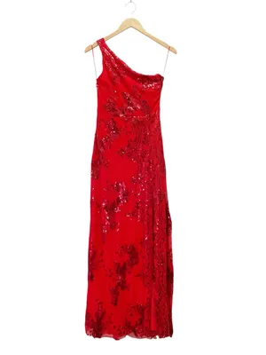 NWT Southern Fried Chics Gown Medium Red Sequin Floral One Shoulder Maxi Dress thumbnail 2