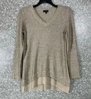 The Limited Beige Sequin Chiffon Hem Open Knit Sweater - Size Small - V-Neck thumbnail 1