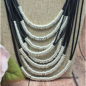 Black & Silver Tone Multi Cord Strand Statement Necklace 24" Long Collar thumbnail 3