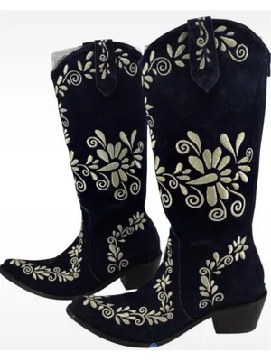 Women's Agave Sky Western Heeled Boots Navy White Embroidered Size 7 Boho Glam thumbnail 3