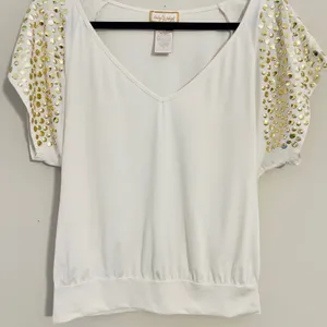 Vintage Baby Phat Y2k white top with gold stud embellished flutter sleeves thumbnail 1