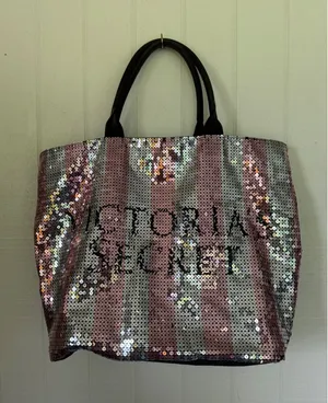 Victoria's Secret Pink Silver Striped Sequin Logo Tote Bag Black Canvas Zipper thumbnail 1