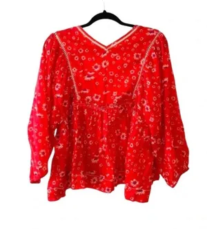 Free People Never A Dull Moment Top Red White Floral V-neck Boxy thumbnail 1