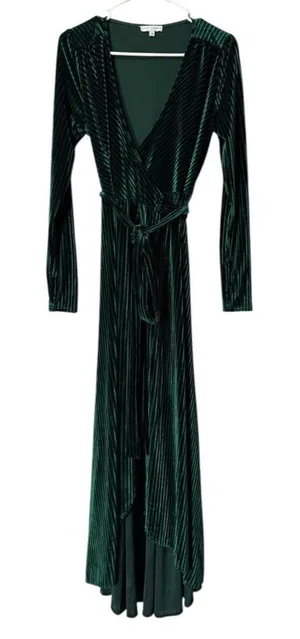 Baltic Born‎ Emerald Green Striped Velvet Velour Wrap Dress Women Size Small thumbnail 1