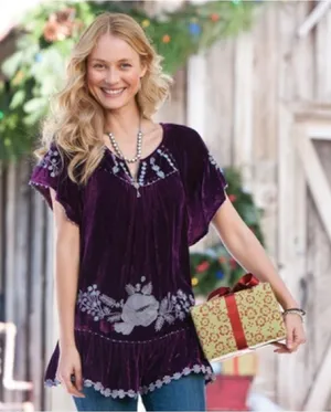 Sundance Embroidered Silk Blend Just Devine Tunic Top Purple Velvet Fairy Size M thumbnail 1
