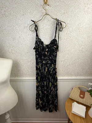 Free People Isla Black Floral Shoulder Tie Midi Dress - Size - Medium thumbnail 5