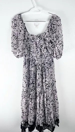 ANTHROPOLOGIE Black Squareneck Sheer Puff Sleeves Smocked Back Tie Midi Dress XS thumbnail 1