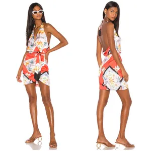 Song Of Style Jemma Mini Dress Size XS Scarf Print Fringe Halter Vacation Satin thumbnail 2