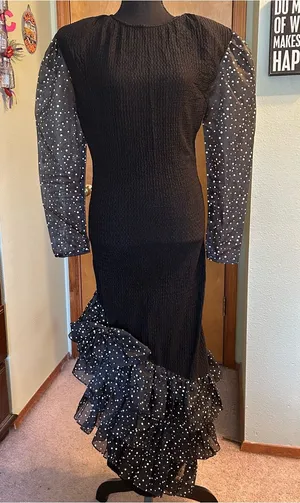 Nuance 80s black textured flamenco style dress chiffon polka dot accents size M thumbnail 1