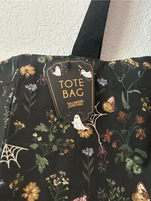 NEW Hallowed Hauntings Floral Spiderweb Moth 100% Cotton Canvas Black Tote Bag thumbnail 2