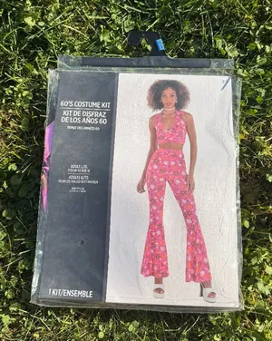 NIB 60's Costume Kit Pink Floral Halter Top&Bell Bottom Pants Adult L/XL thumbnail 1