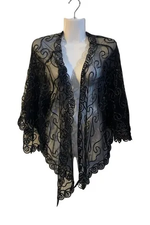 Black Sheer Embroidered Mesh Open Front Cardigan SZ M Batwings Witchy Whimsigoth thumbnail 1