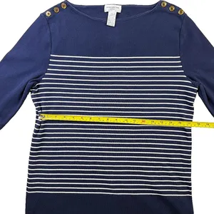 Jones New York Sport Breton Stripe Boat Neck Top Gold Button Shoulders L thumbnail 8