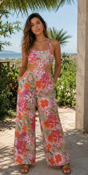 ASTR Marise Wide Leg Jumpsuit in Orange Purple Multi Size Small NWT thumbnail 1