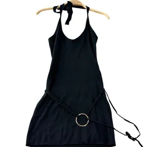 Frankies Bikinis Dolly Knit Mini Dress Women XL Black Halter O-Ring New LBD Y2K‎ thumbnail 3