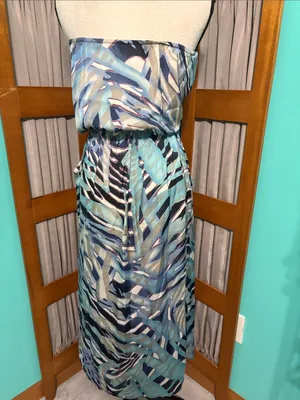 Strapless Aqua & Navy Print Maxi Dress with POCKETS! thumbnail 7