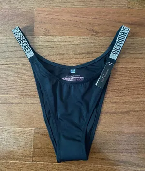 Victoria's Secret NWT SWIM Shine Strap Brazilian Bikini Bottom in black thumbnail 4