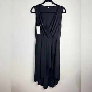 Halara Deep V Neck High Low Crossover Hem Midi Dress Black Large NWT thumbnail 2