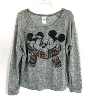 Disney Parks Mickey and Minnie Winter Scarf Gray Sweater Scoop Neck Womens XL thumbnail 1