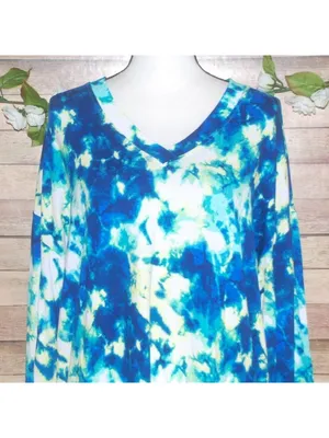 Masseys Blue Tie Dye Stretchy Pullover Tunic Top Size XL Stretch Long Sleeve thumbnail 2