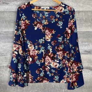 Floral Peasant Top Women S Flare Bell Long Sleeve Blouse Navy Blue thumbnail 1