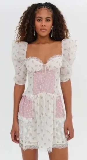 NWT!!‎ FOR LOVE & LEMONS Francine Floral Patchwork Mini Dress Lace Coquette XS thumbnail 1