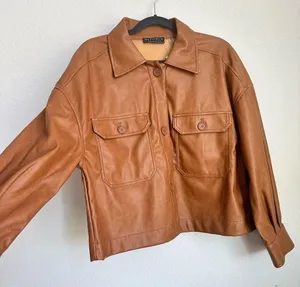 Bagatelle Collection Tan faux leather button jacket button down casual collared thumbnail 4