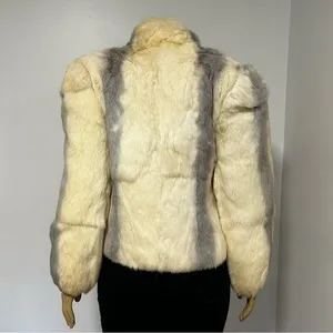 Vintage Rabbit‎ Fur Jacket Cream Grey Striped Button Front Coat Womens Medium thumbnail 5